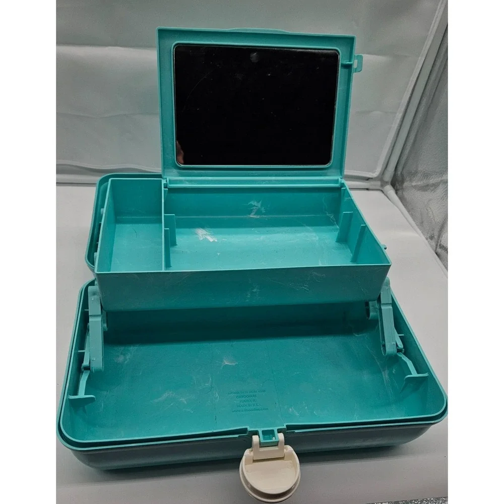 Caboodles Vintage‎ Teal Marble Swirl Carry All Cosmetic Makeup Organizer Case